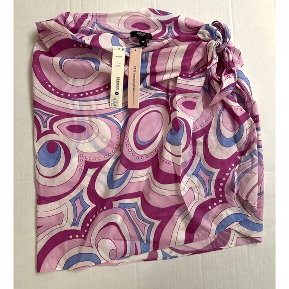 AQUA Swim Bloomingdales O/S Pink Swirl Pareo Cotton Printed Beach Cover-Up Skirt - Picture 2 of 8
